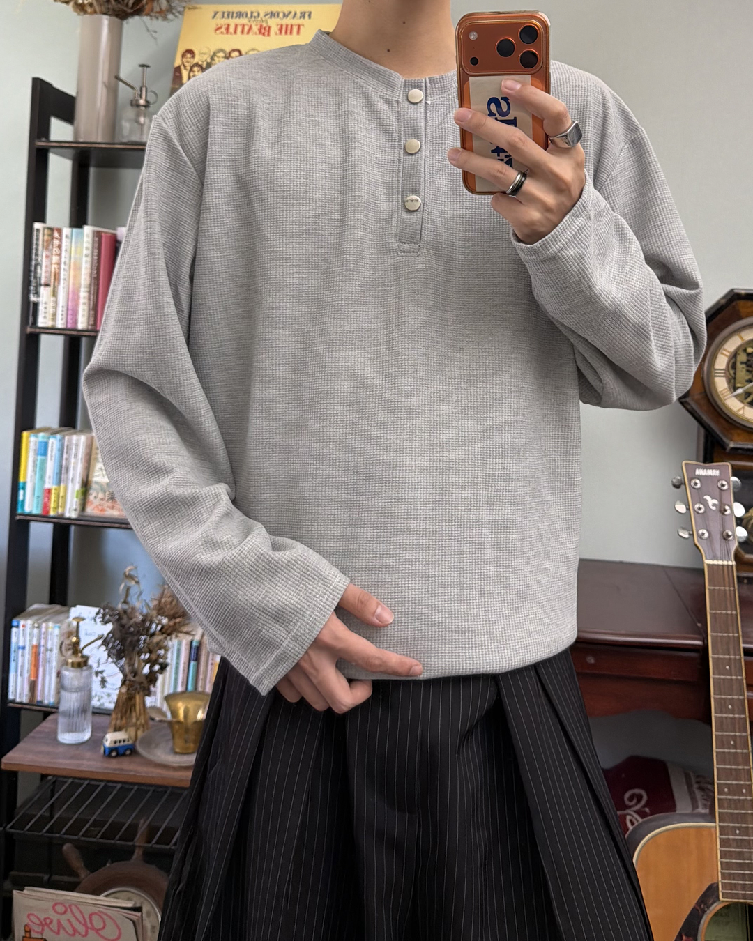 ヘンリーネックワッフルロングTシャツ RR0415