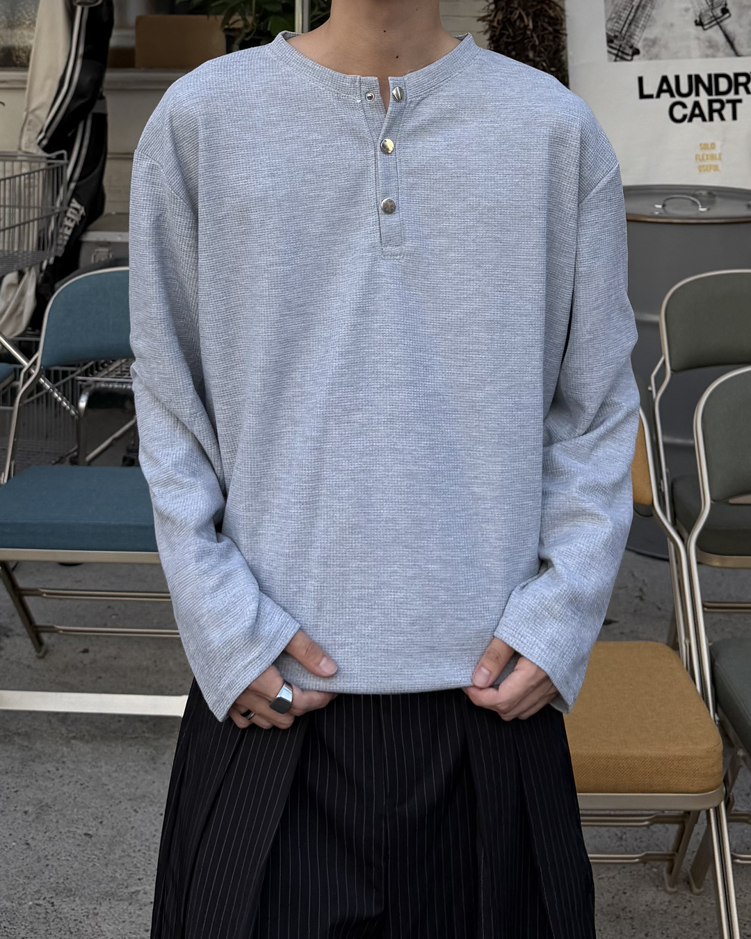 ヘンリーネックワッフルロングTシャツ RR0415