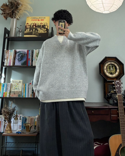 【即納】ウールブレンドレイヤードVネックセーター RR5004