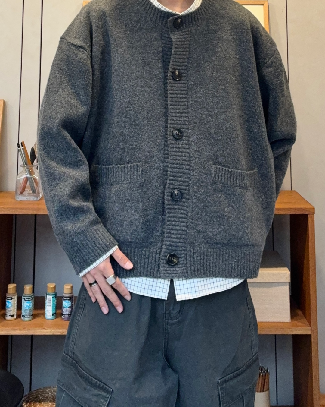 【即納】ウールブレンドラウンドネックカーディガン RR5008