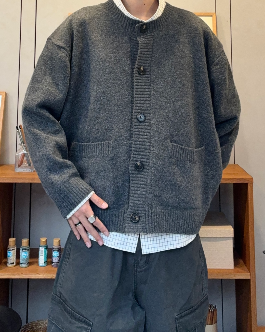【即納】ウールブレンドラウンドネックカーディガン RR5008