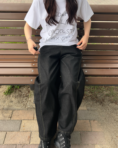 ステッチワイドレッグブラックパンツ RS0027