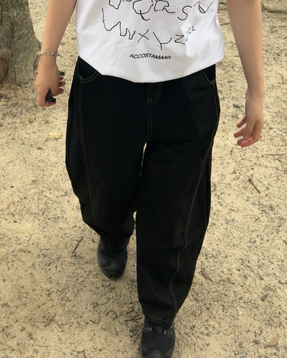 ステッチワイドレッグブラックパンツ RS0027