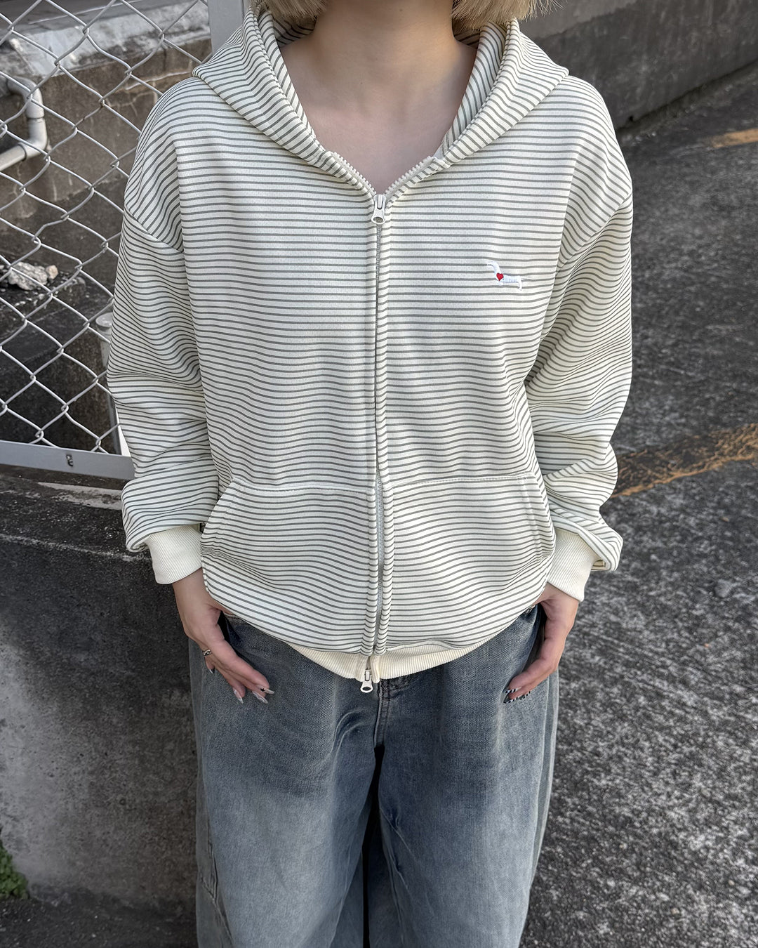 ボーダースウェットダブルジップフーディKC3001