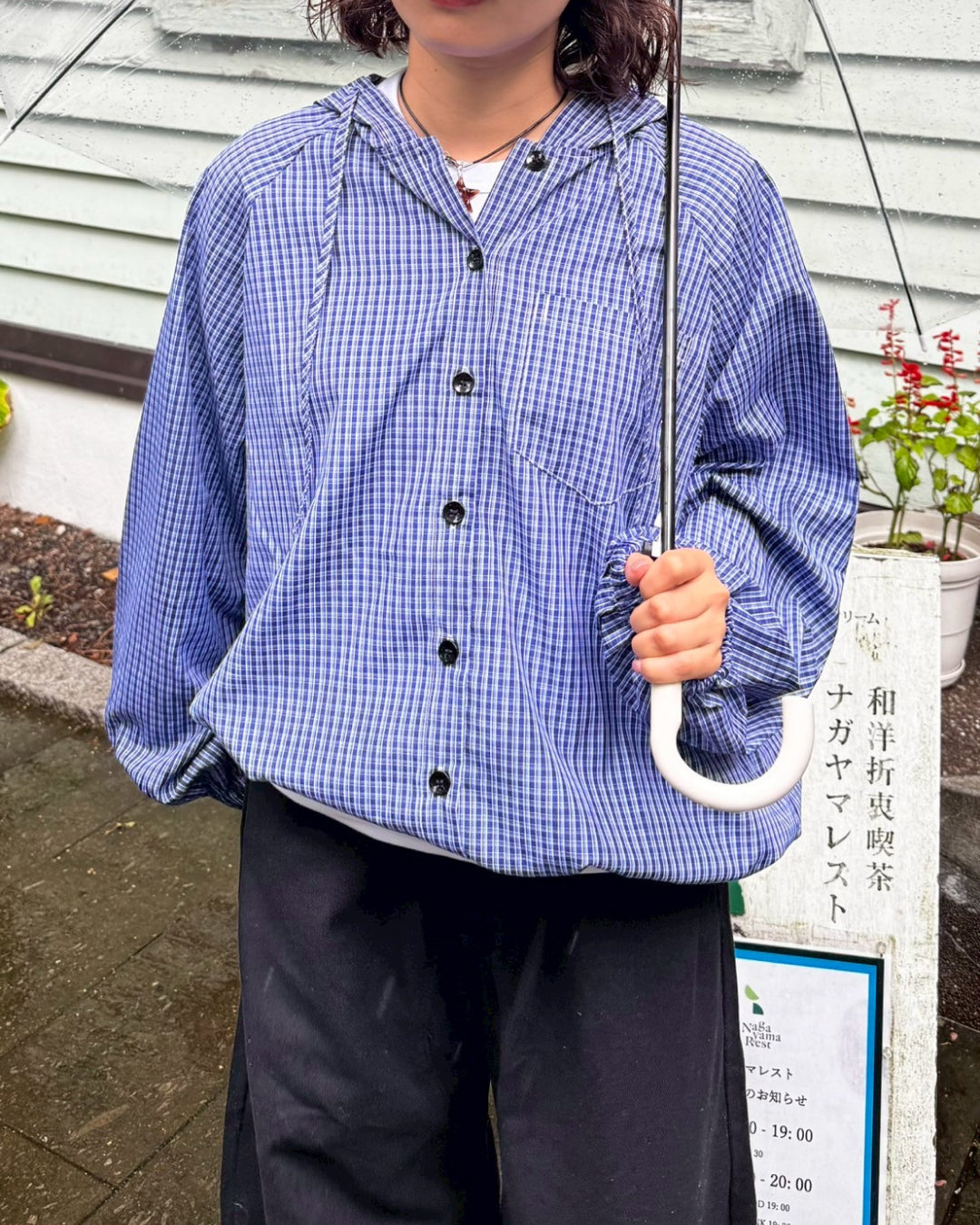 フード付きブルーチェックシャツ SM1112