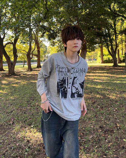 ヴィンテージライクバンドグラフィックヘンリーネックロンT SY0102