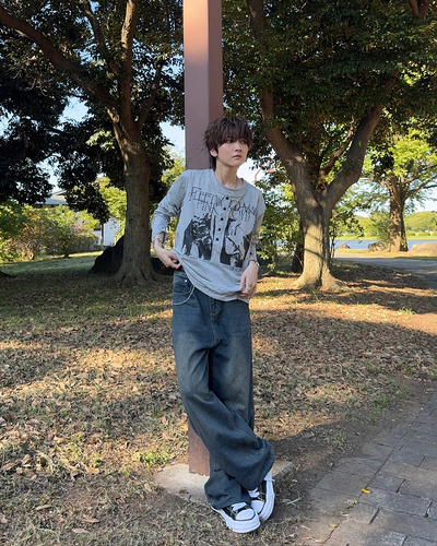 ヴィンテージライクバンドグラフィックヘンリーネックロンT SY0102
