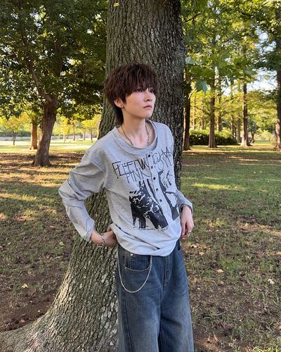 ヴィンテージライクバンドグラフィックヘンリーネックロンT SY0102