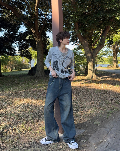ヴィンテージライクバンドグラフィックヘンリーネックロンT SY0102