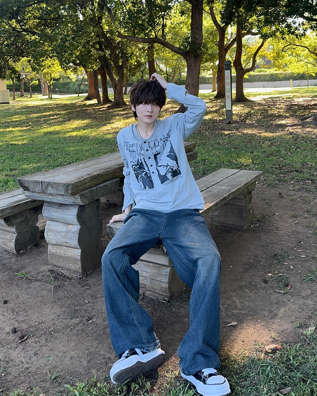 ヴィンテージライクバンドグラフィックヘンリーネックロンT SY0102