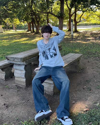 ヴィンテージライクバンドグラフィックヘンリーネックロンT SY0102