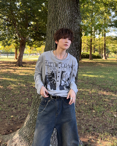 ヴィンテージライクバンドグラフィックヘンリーネックロンT SY0102