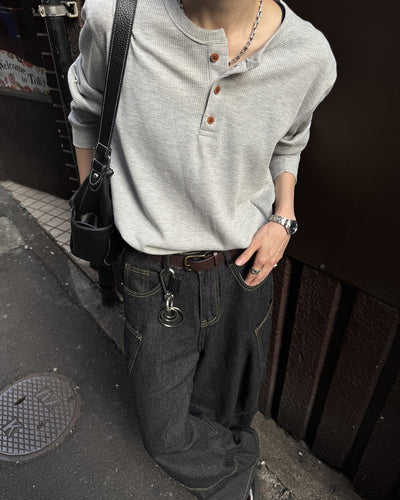 ヘンリーネックワッフルロンT SY0110