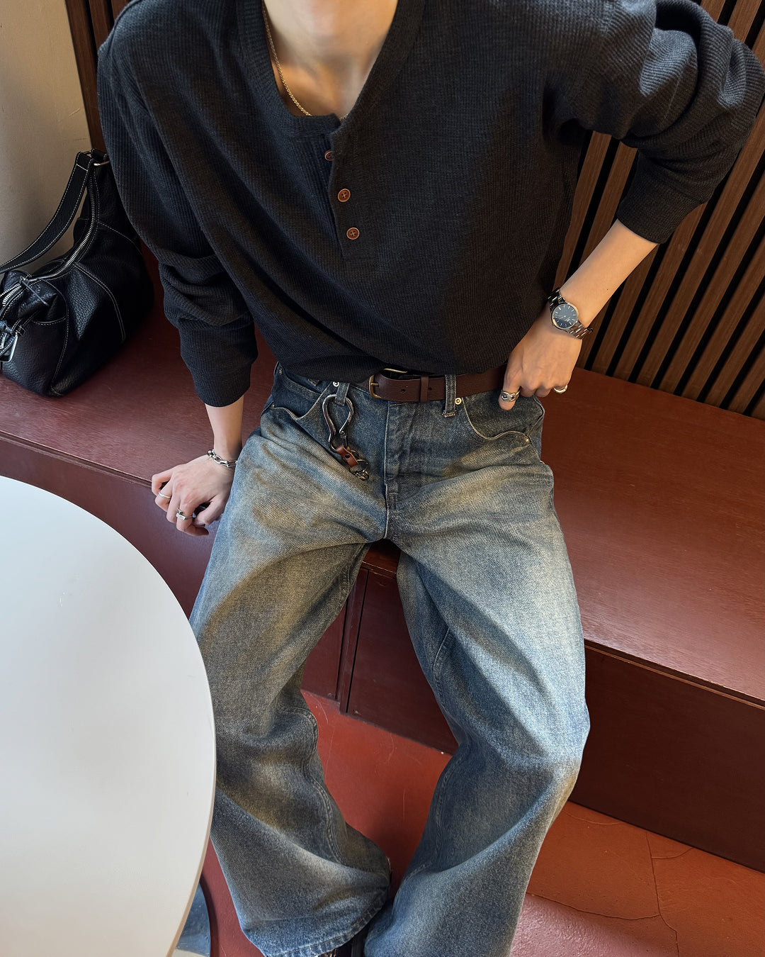 ヘンリーネックワッフルロンT SY0110