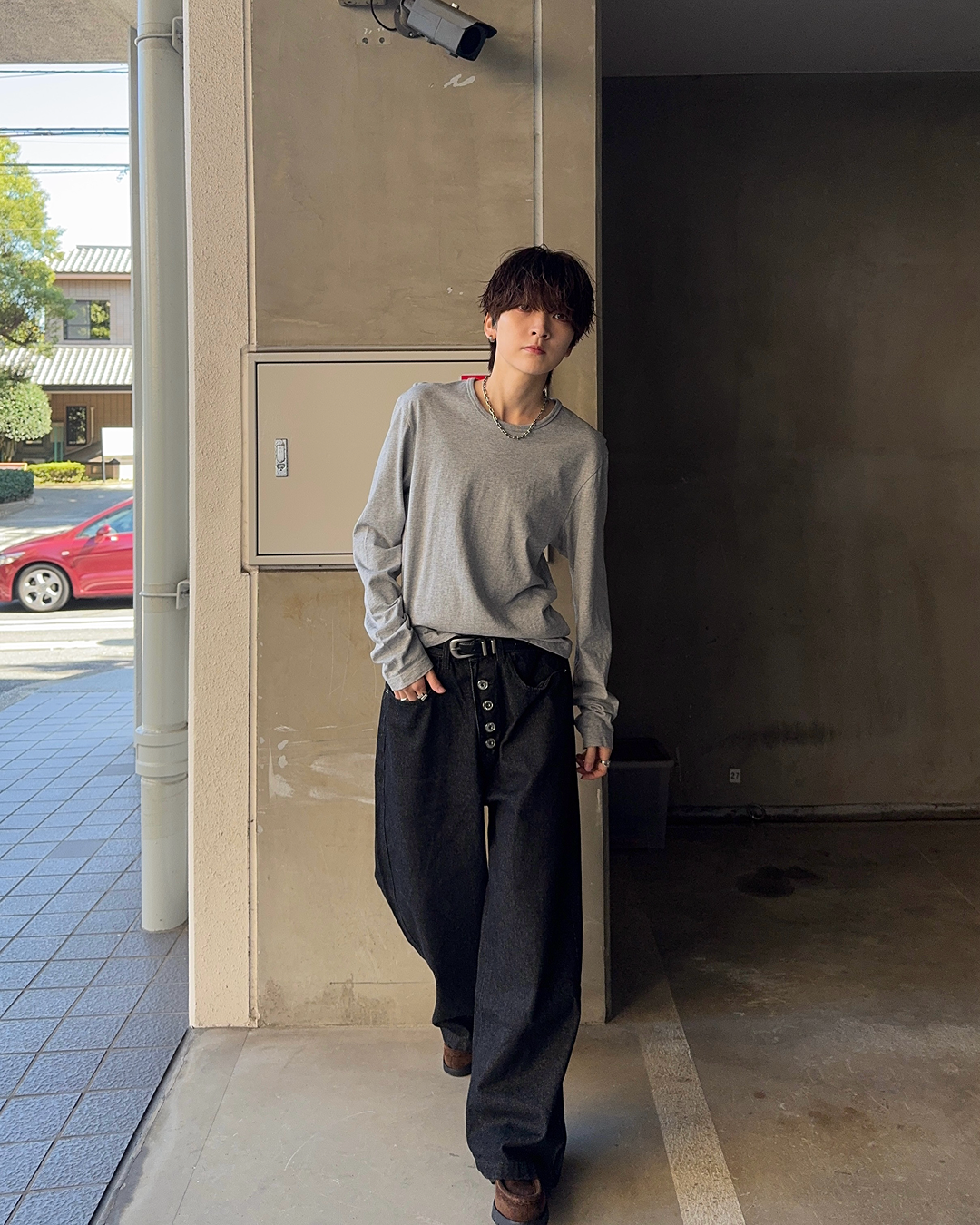 ボタンフライデザインノンウォッシュワイドデニムパンツ SY0143