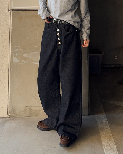 ボタンフライデザインノンウォッシュワイドデニムパンツ SY0143