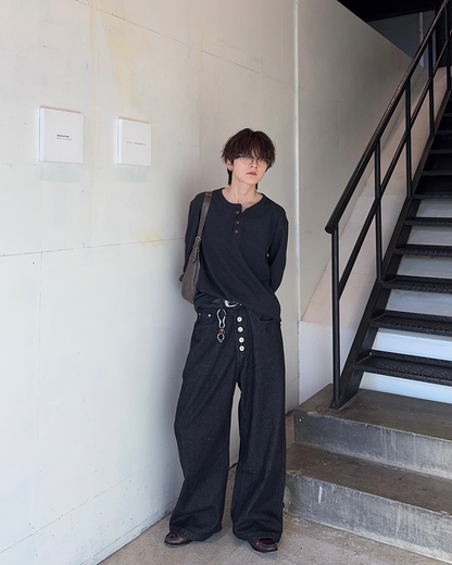 ボタンフライデザインノンウォッシュワイドデニムパンツ SY0143