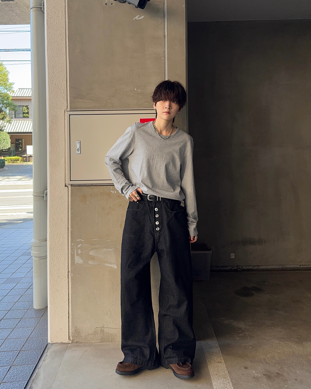 ボタンフライデザインノンウォッシュワイドデニムパンツ SY0143