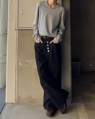 ボタンフライデザインノンウォッシュワイドデニムパンツ SY0143