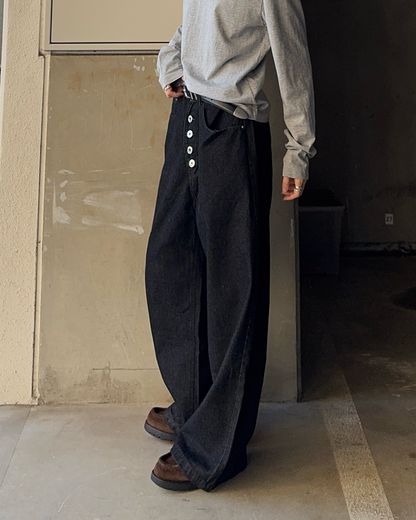ボタンフライデザインノンウォッシュワイドデニムパンツ SY0143