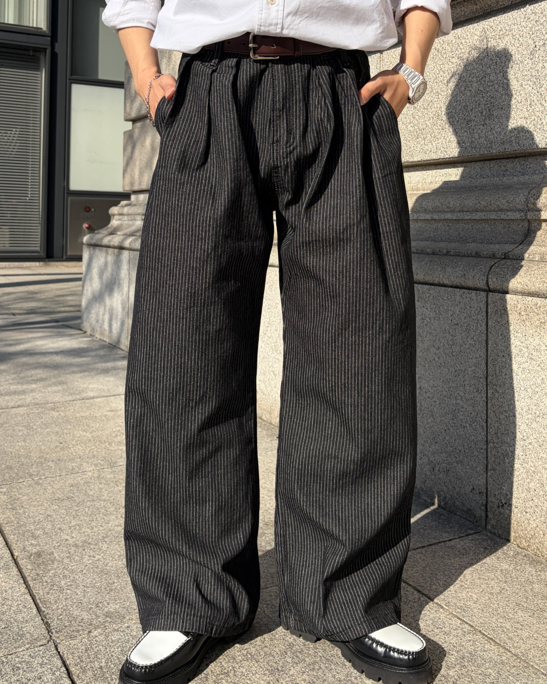 タックデザインストライプワイドデニムパンツ TK0081