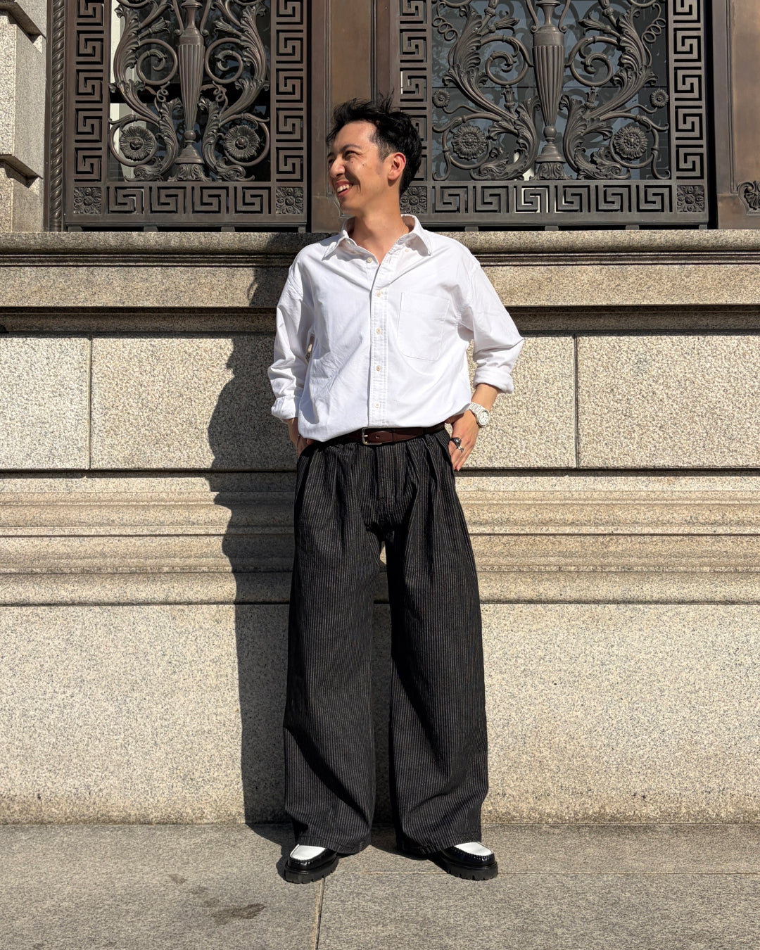 タックデザインストライプワイドデニムパンツ TK0081