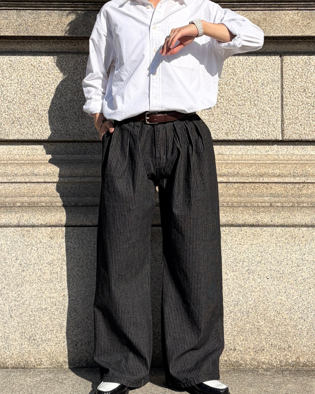 タックデザインストライプワイドデニムパンツ TK0081