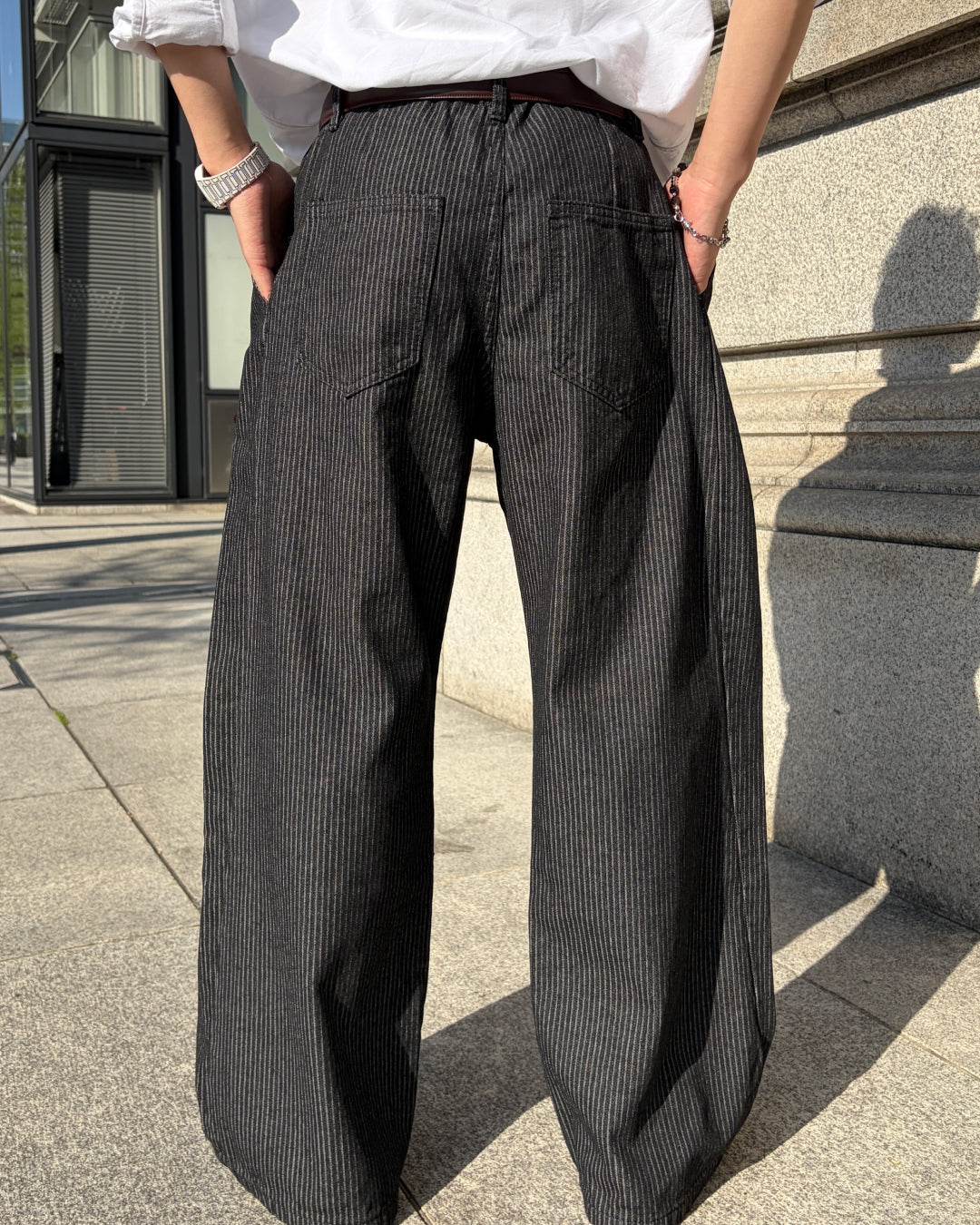 タックデザインストライプワイドデニムパンツ TK0081