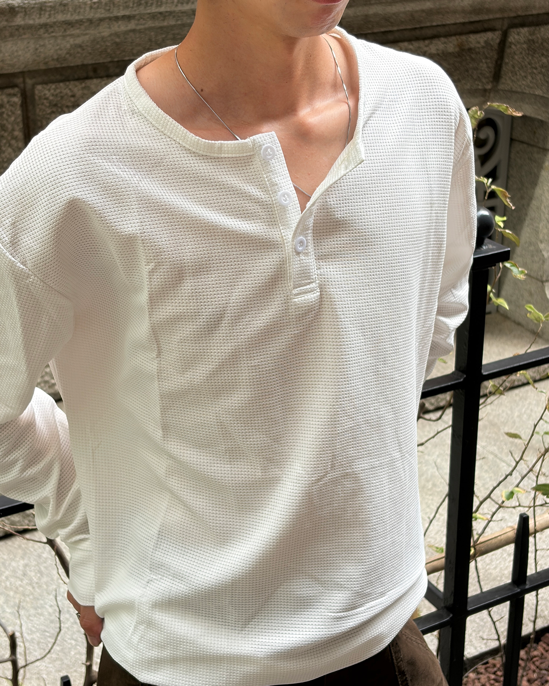 ワッフルヘンリーネックロングTシャツ TK0158