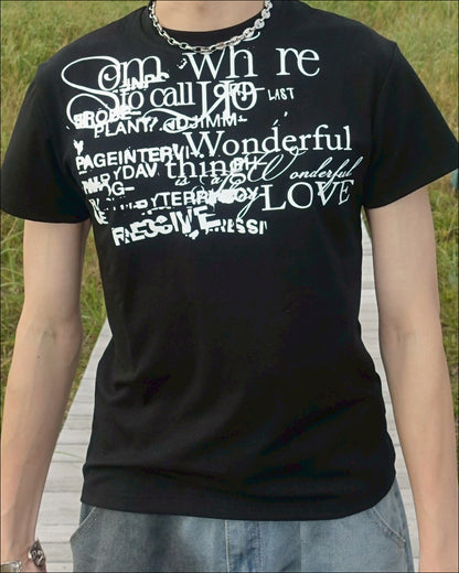 レタープリントブラックTシャツ TN0146
