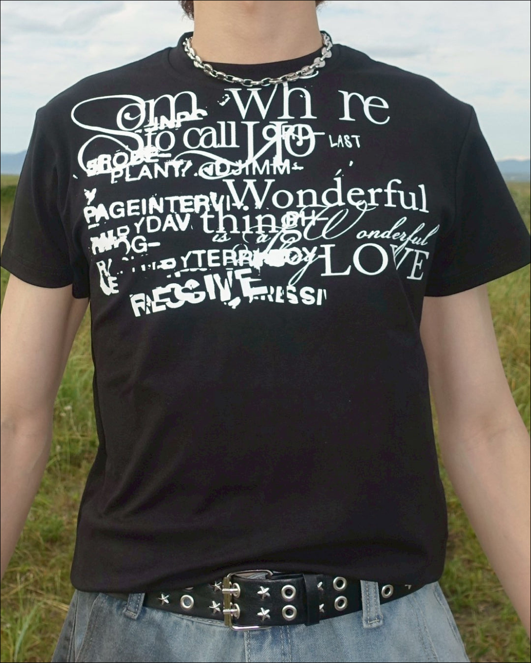 レタープリントブラックTシャツ TN0146