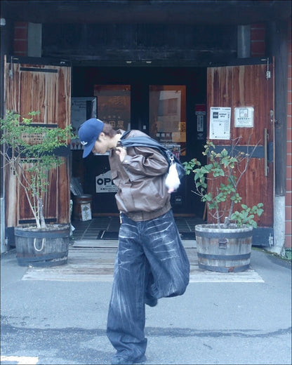 リブ付きブラウンショートレザージャケット TN0198