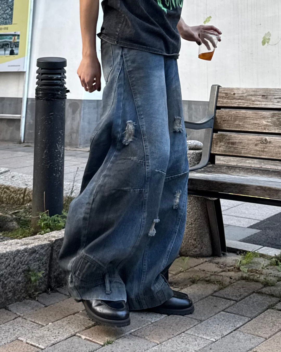 デニム ダメージ ユニセックス ２トンカラー お洒落 クラッシュ 2color ／ 4size 】クラッシュダメージバイカラースラブワイド