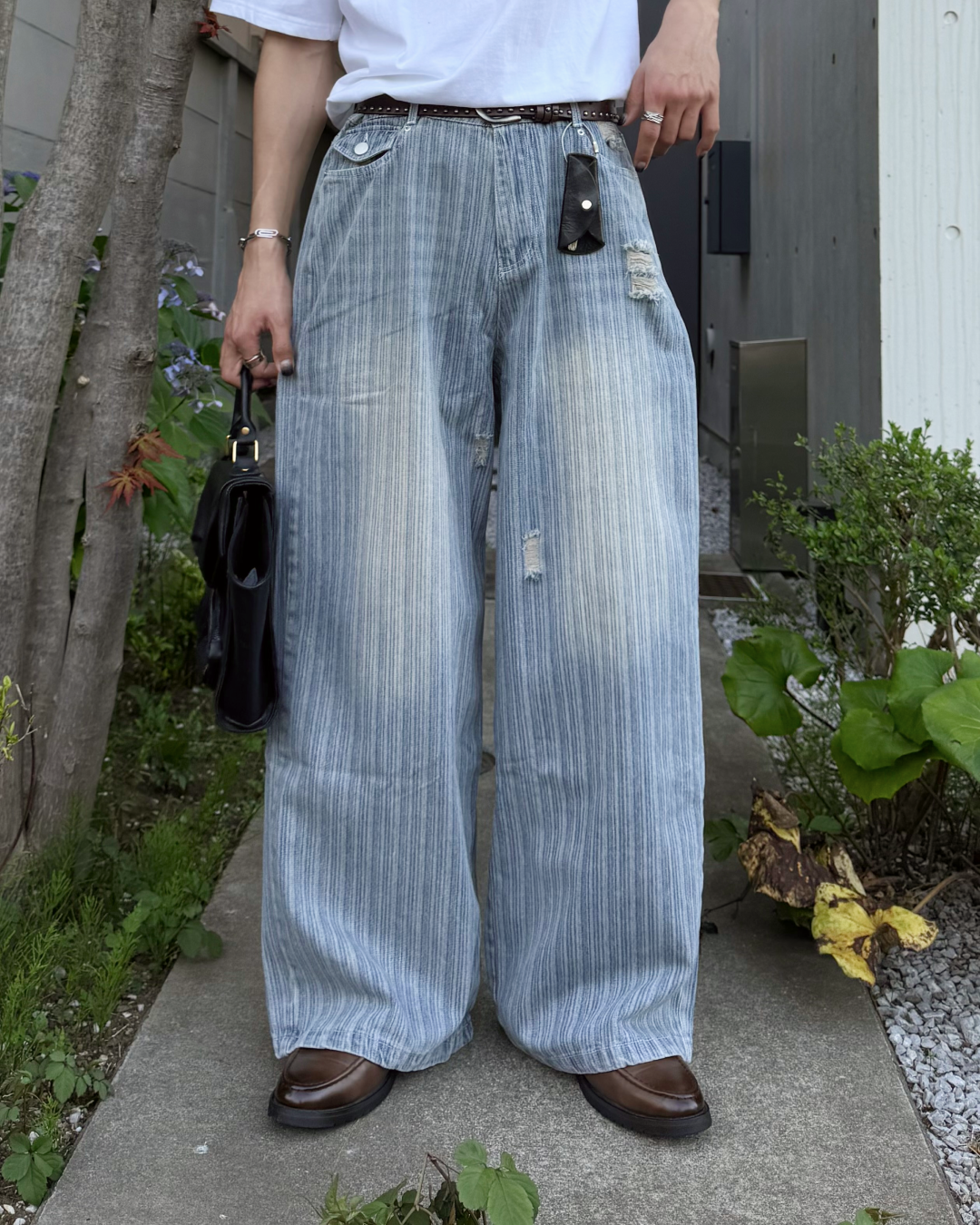 台湾発【STUDIO DOE】ウォッシュドダメージ バギーデニム 台湾発新作デニム【STUDIO DOE】Washed H-Shape Denim Pants