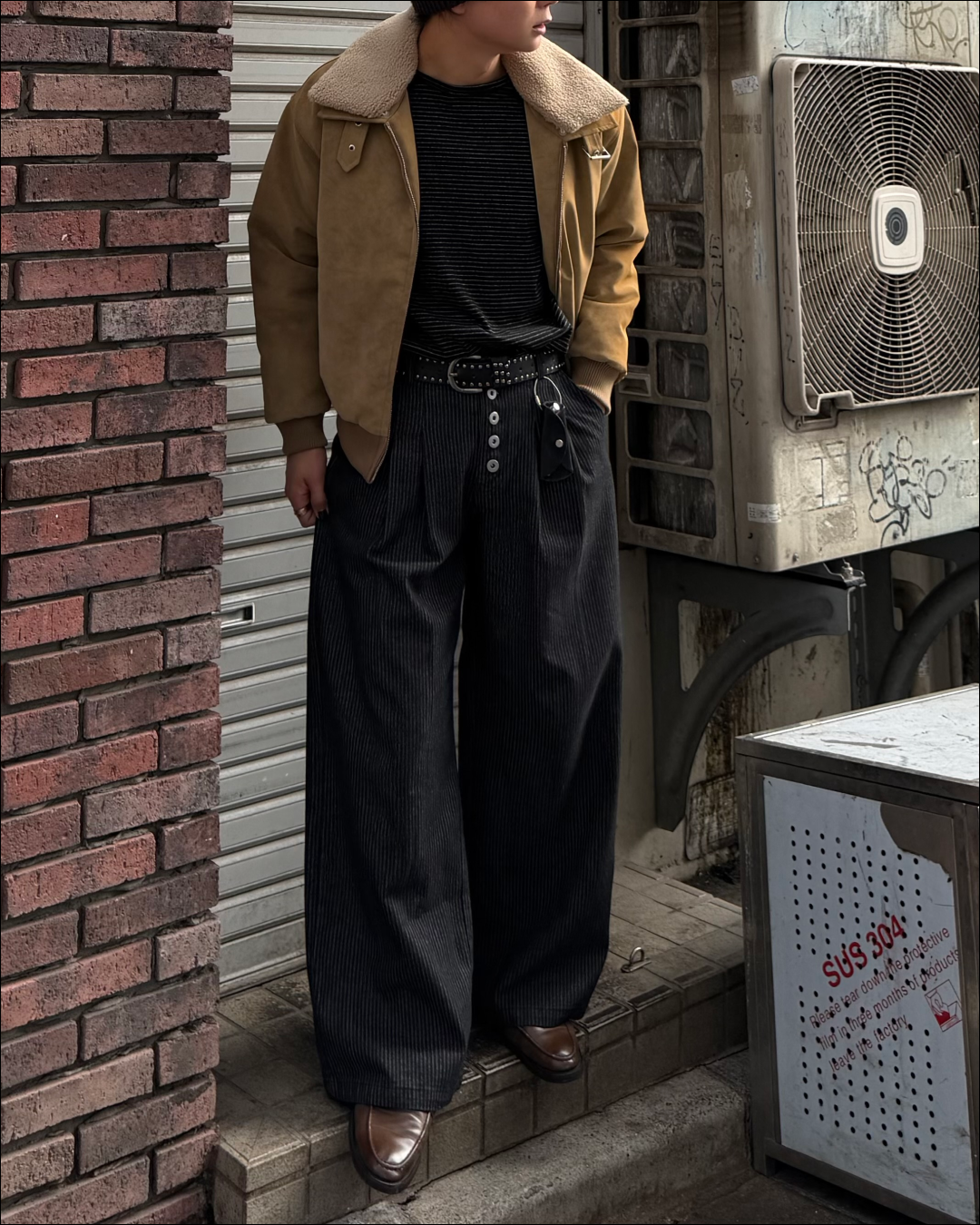 2タックボタンフライストライプワイドパンツ TO1823