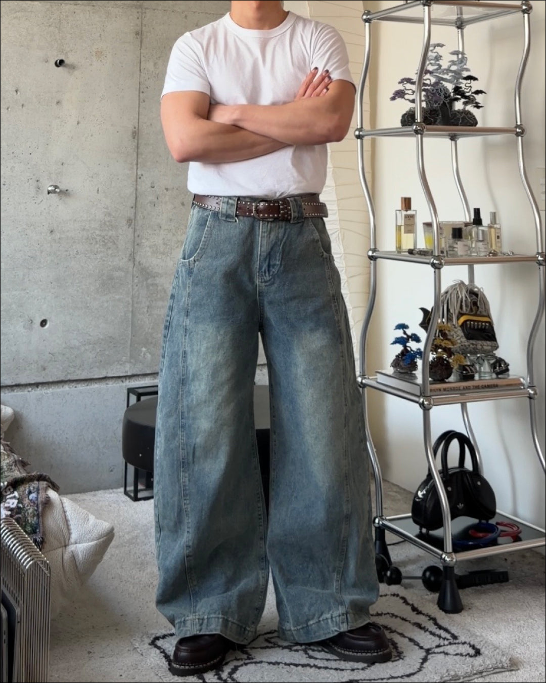、　レイヤードウォッシュドデニム ワイドレッグ ウォッシュドデニムワイドレッグジーンズ - INSTANTFUNK | 60
