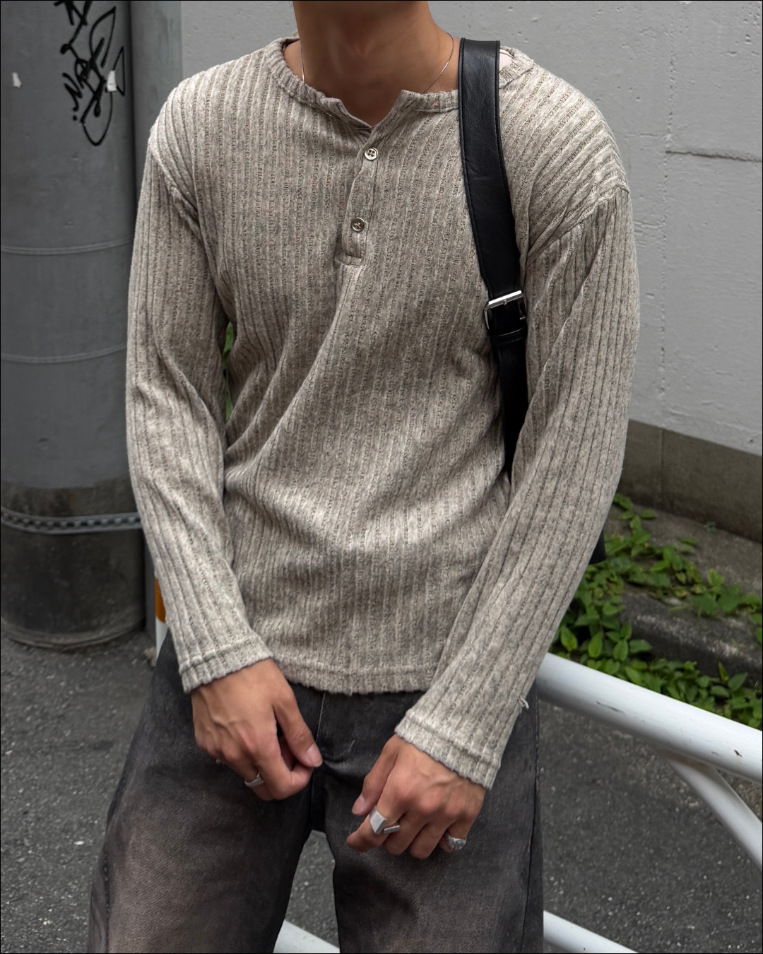 シャギーリブヘンリーネックショートロングTシャツ TO2865