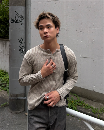 シャギーリブヘンリーネックショートロングTシャツ TO2865