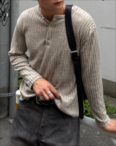 シャギーリブヘンリーネックショートロングTシャツ TO2865