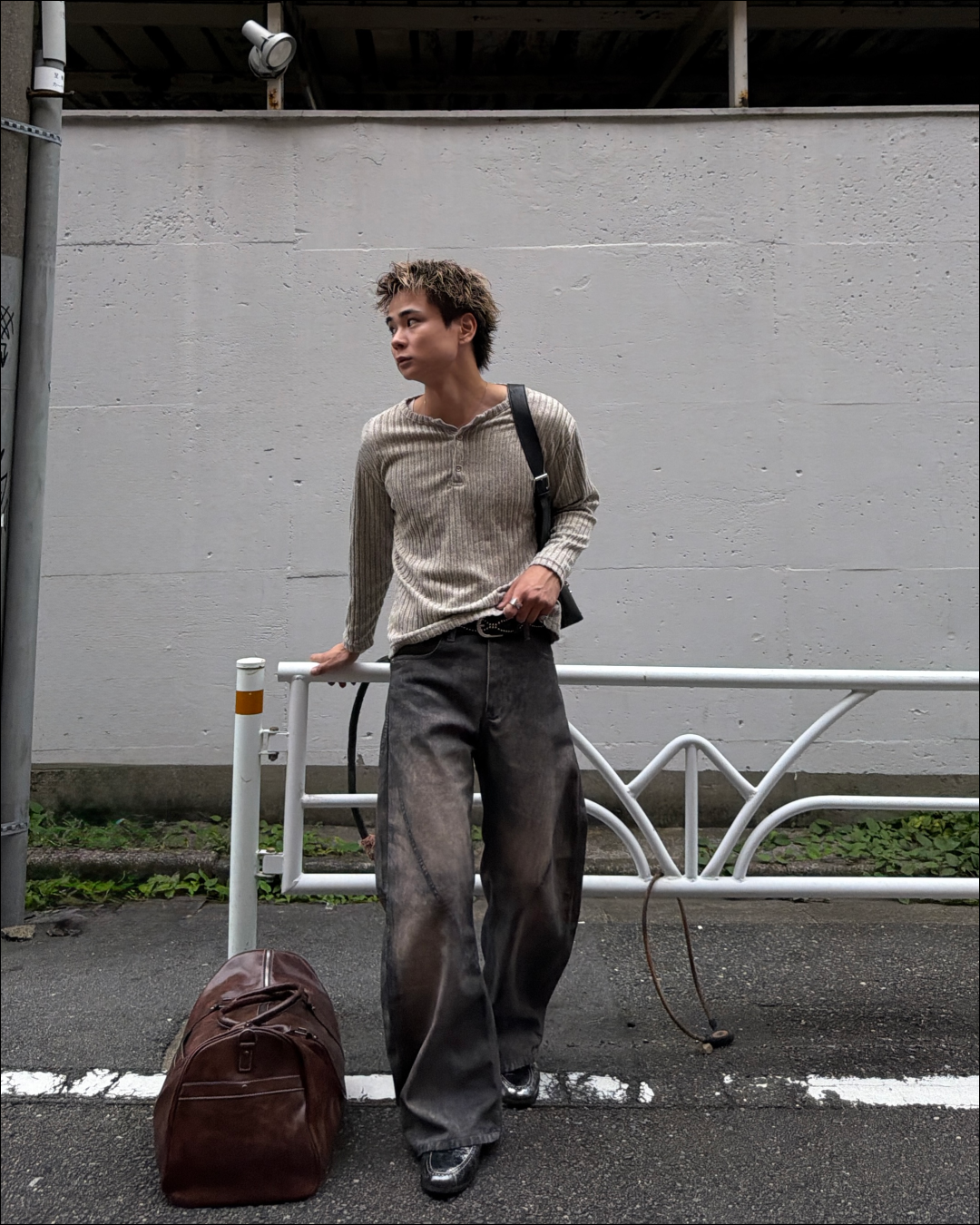 シャギーリブヘンリーネックショートロングTシャツ TO2865