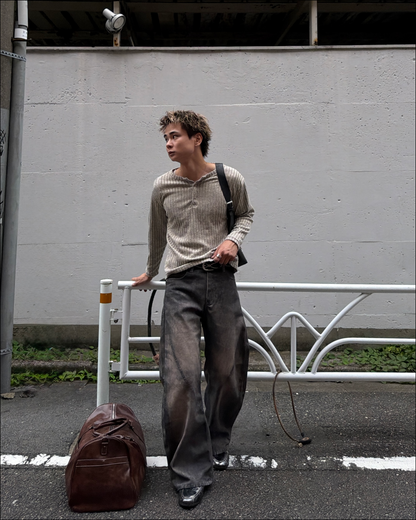 シャギーリブヘンリーネックショートロングTシャツ TO2865