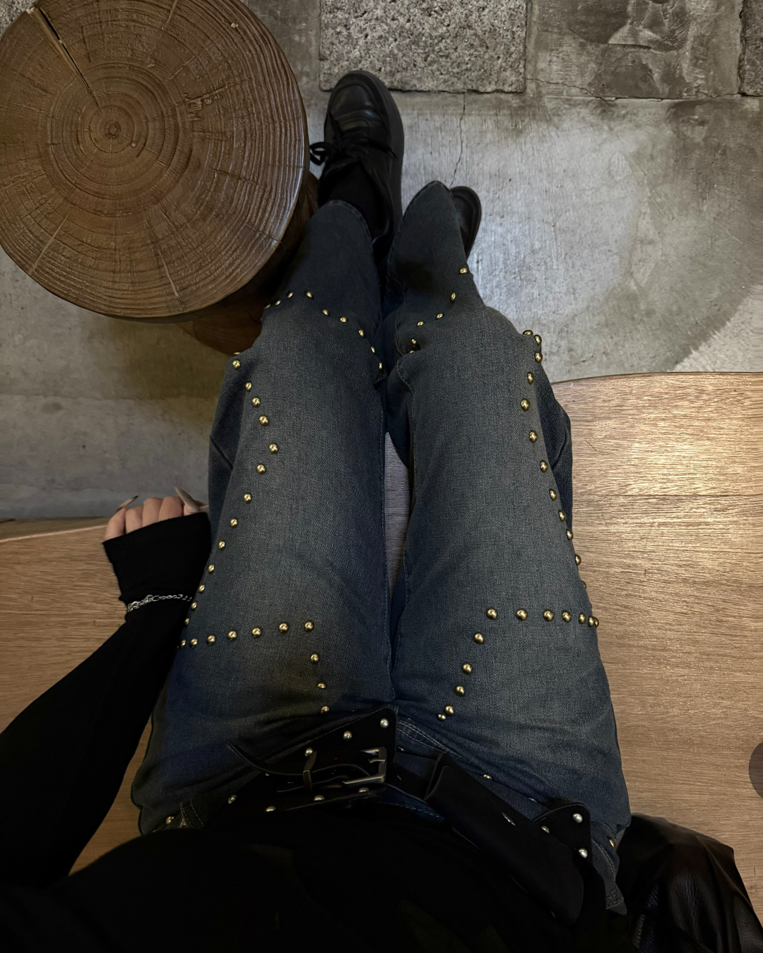 スタースタッズストレートウォッシュデニムパンツ UI0063
