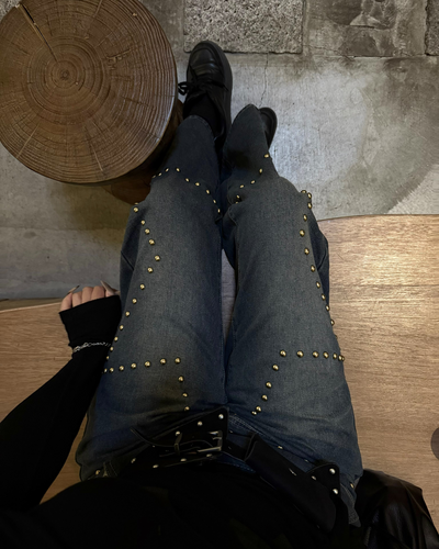 スタースタッズストレートウォッシュデニムパンツ UI0063