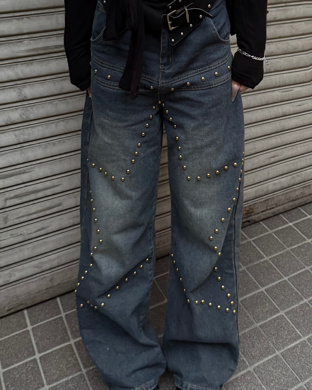 スタースタッズストレートウォッシュデニムパンツ UI0063