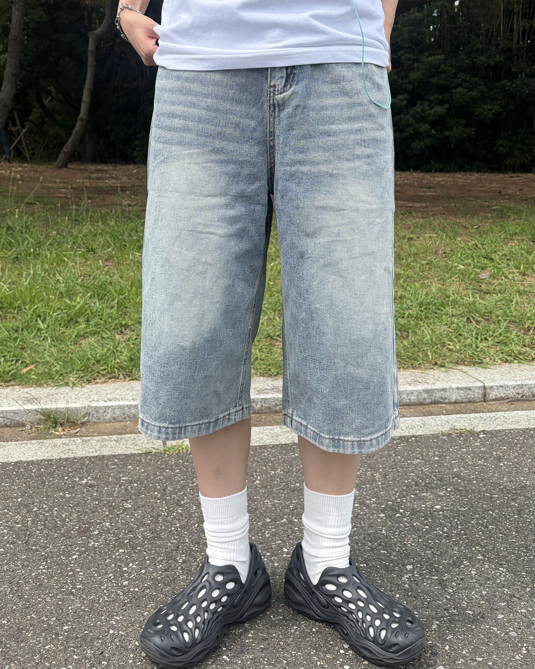 ウォッシュブルーワイドレッグハーフパンツ WF0015