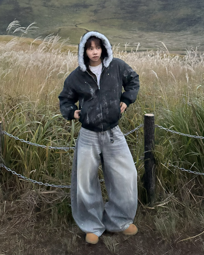 ウォッシュダメージファーフードジャケット WG0190