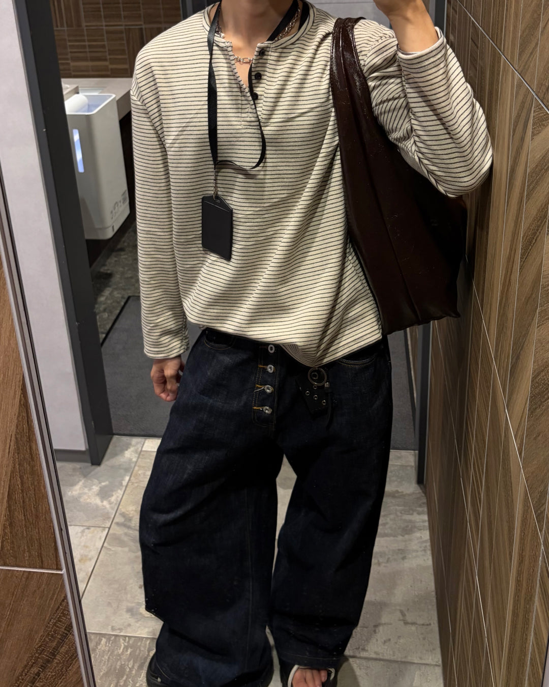 【一部即納】ボーダーヘンリーネックロングニットシャツ WG0639