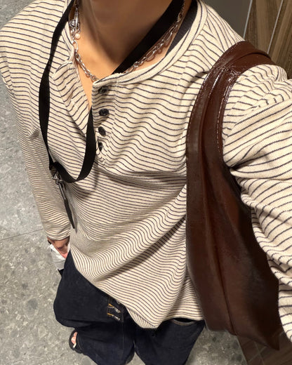【一部即納】ボーダーヘンリーネックロングニットシャツ WG0639