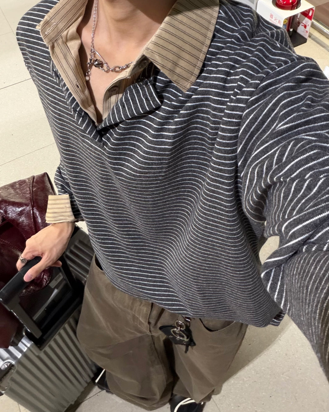 ボーダーヘンリーネックロングニットシャツ WG0639