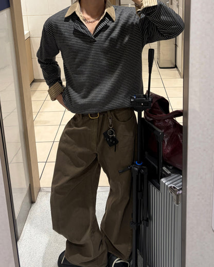 ボーダーヘンリーネックロングニットシャツ WG0639